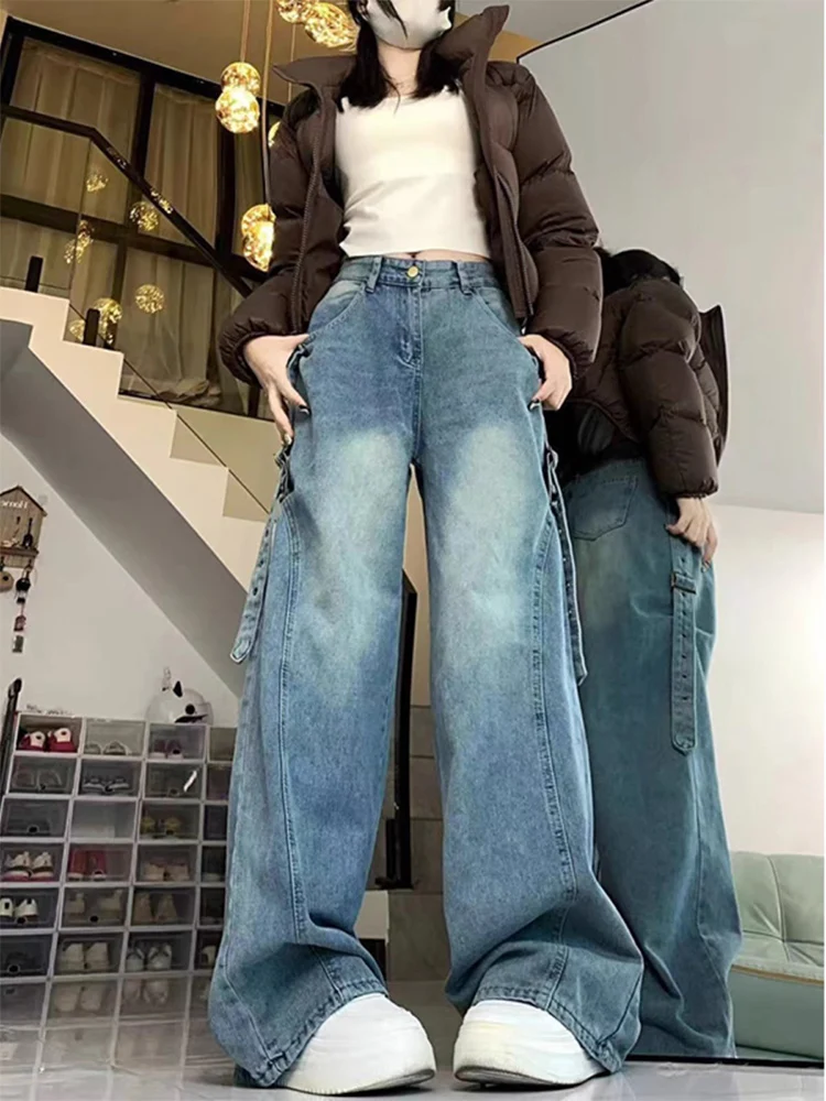 

Прямые широкие брюки с высокой талией, американские джинсовые джинсы High Street, женские весенне-осенние новые маленькие дизайнерские лоскутные джинсы...