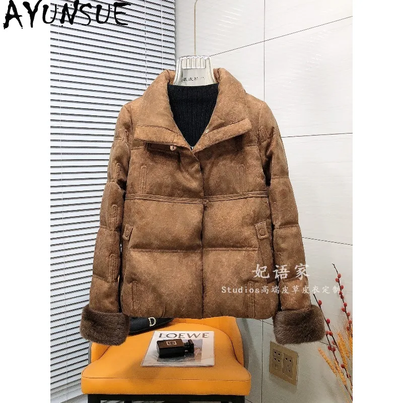 

AYUNSUE Women's White Goose Down Jackets Mink Fur Cuff Fashion Warm Outerwears Casual Winter Jacket Woman Clothes Ropa Mujer