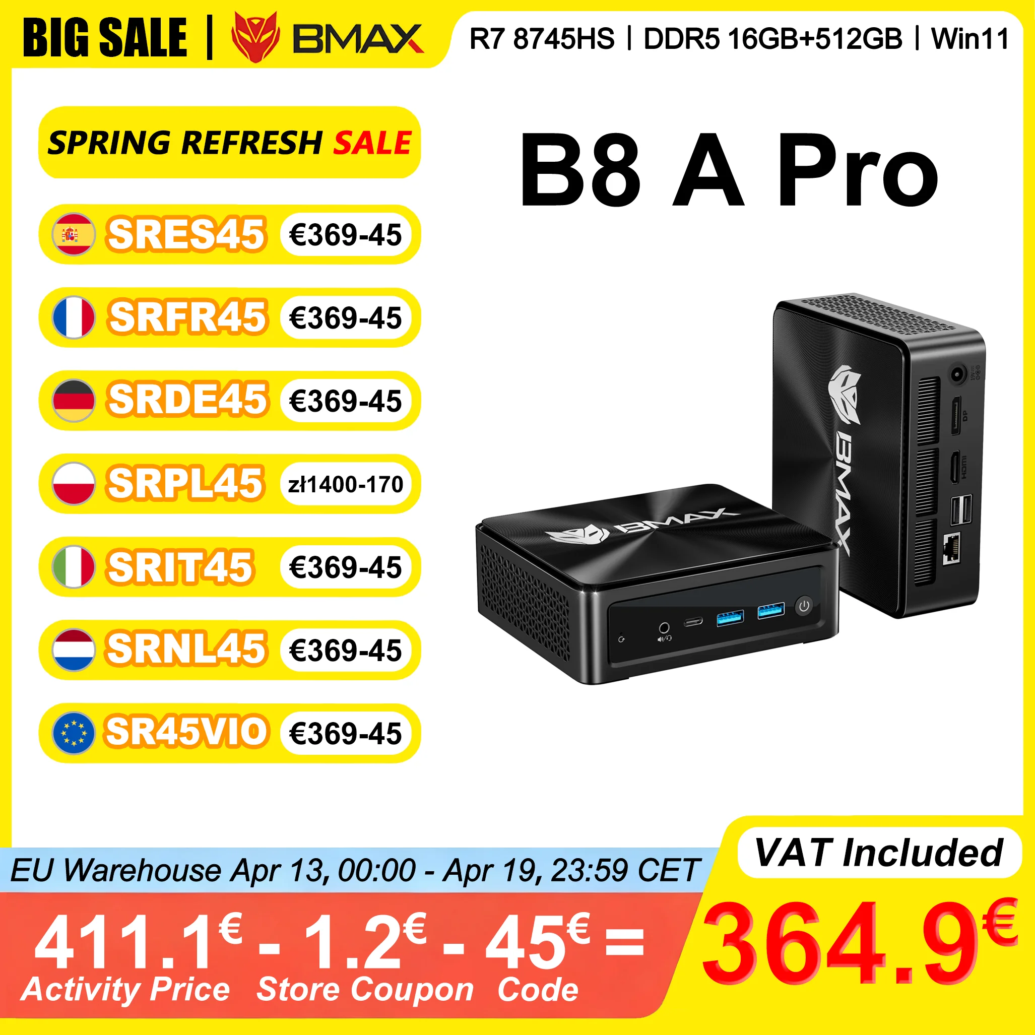BMAX B8 A Pro Mini-PC AMD Ryzen 7 8745HS 16 GB DDR5 4800 MHz RAM 512 GB NVMe SSD Windows 11 WiFi 6 unterstützt 4K@60Hz AMD Radeon 780M