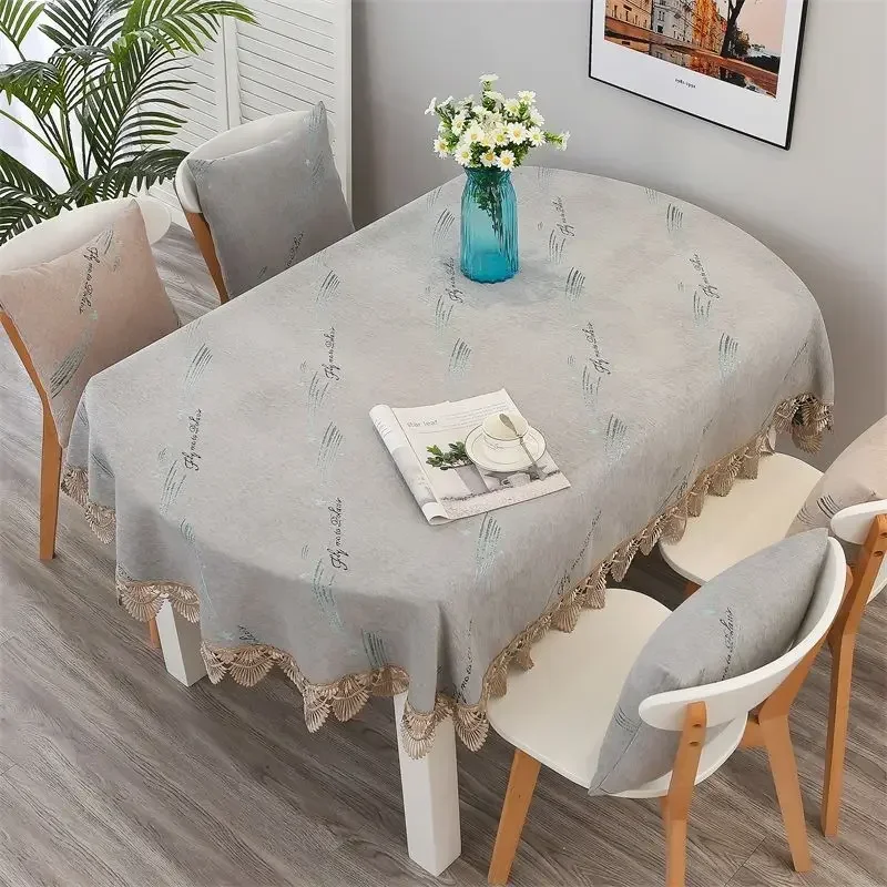 

Oval Tablecloth with Lace Gray Linen Fabric Table Cover Star Printed Cloth Farmhouse Luxury American Style Table Cloth, 200cm