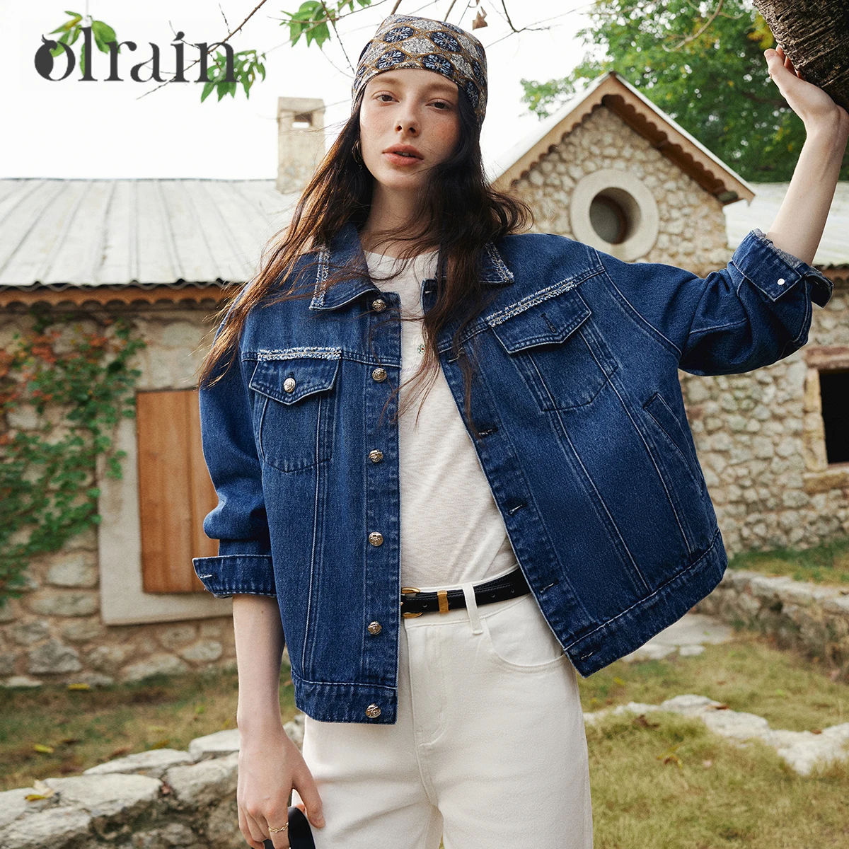OLrain Woman Denim Short Jacket Vintage Tweed Trim Turn-down Neck Coats Winter Commute Metal Button Denim Clothing O58CW003299