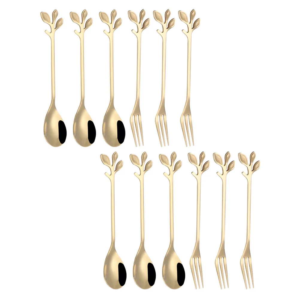 

12 Pcs Stainless Steel Leaf Spoon Dessert Forks Ice Cream Kitchen Drink Stirrer Cake Coffee Stirring Wedding Creative