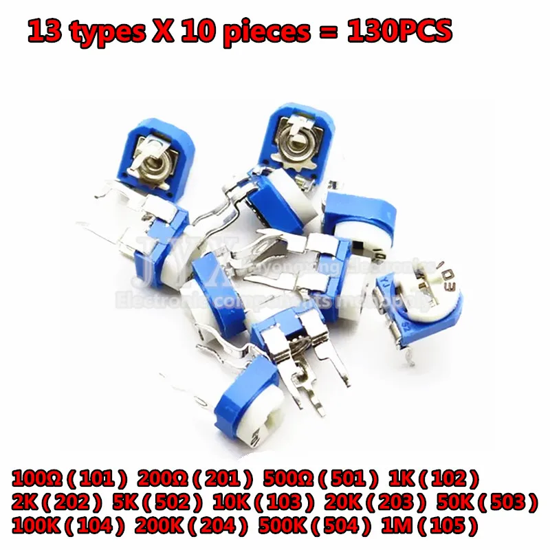 130pcs Trimming Potentiometer RM065 top adjustment 100ohm-1Mohm RM-065 Variable Resistors Assorted Kit 13Type*10pcs=130pcs