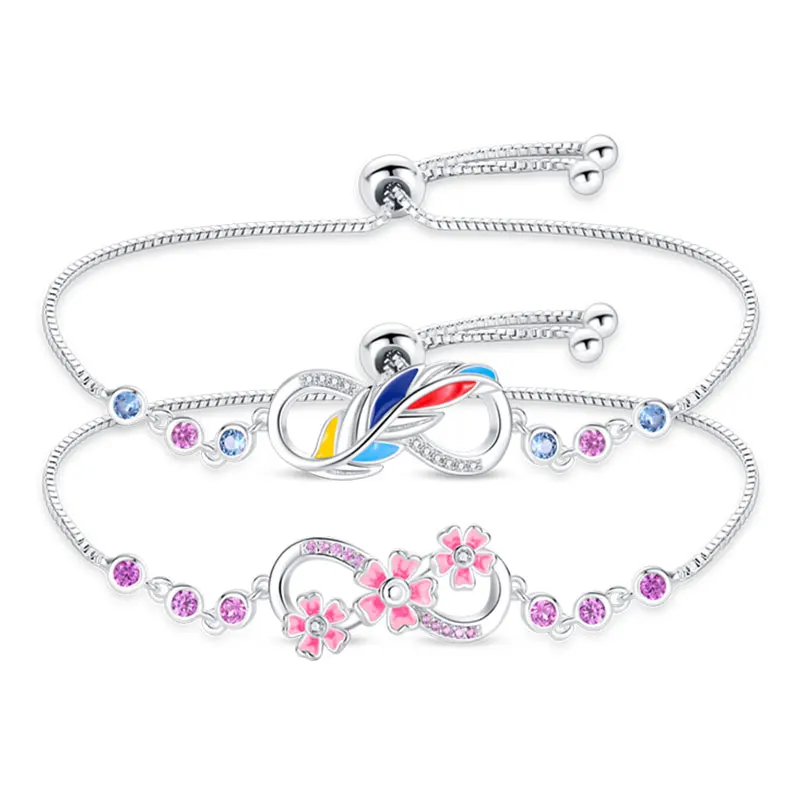 Bracciale argento 925 originale regolabile Fantasy Lucky Symbol Pink Flower zircone bracciali Fit Charms fai da te regali di gioielli di compleanno