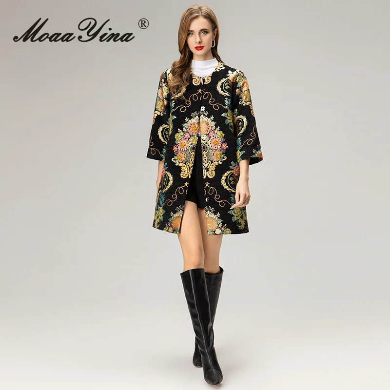 

MoaaYina European and American style 2025 autumn women's coat exquisite round neck loose fit romantic floral pattern fashion