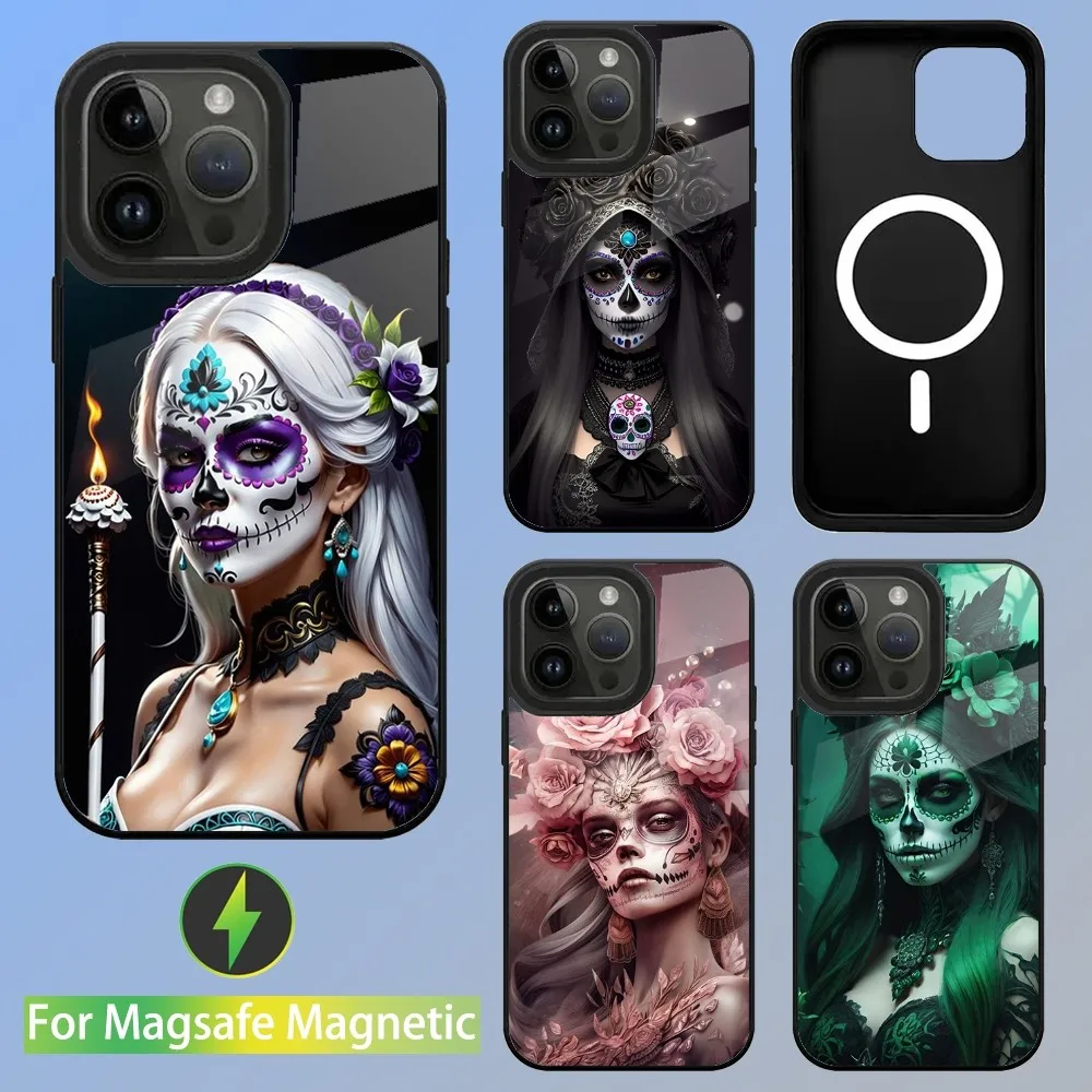 Mexican Catrina Skull Girl Phone Case For iPhone 15,14,13,12,11,Plus,Pro,Max Mini Magsafe Magnetic Wireless Charging