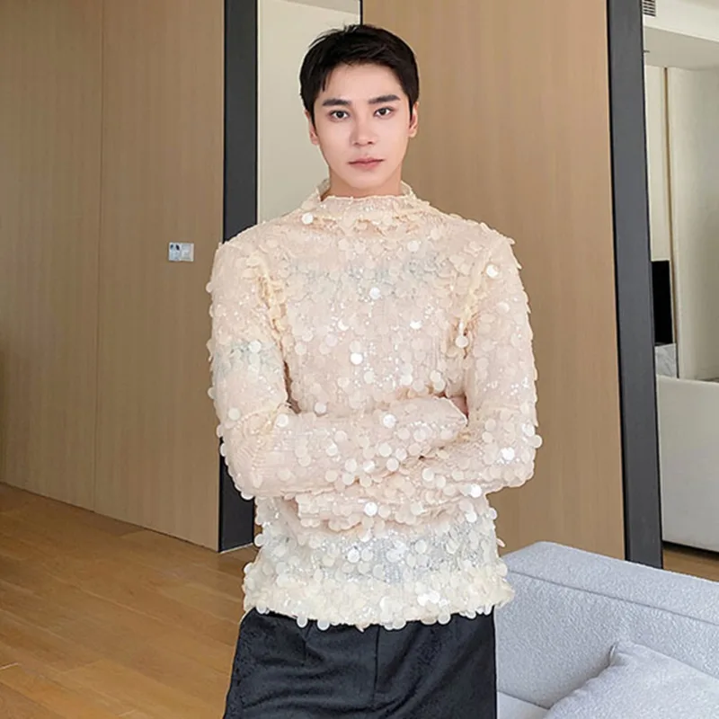IEFB Sequin T-shirts Men\'s Wear Elgance Men Long Sleeve Top Autumn Trend Stand Neck Slim Male Tees Chic Personality New 9C2612