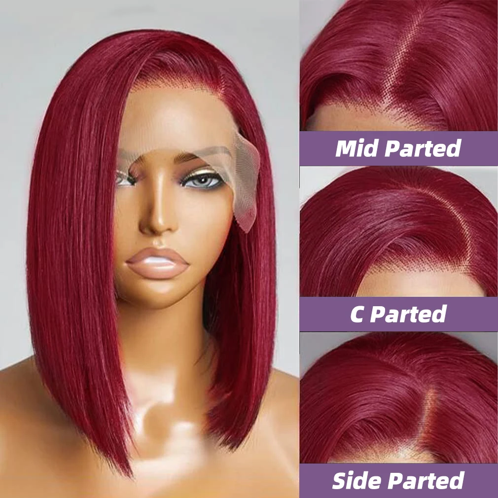 Perruque Bob Lace Front Wig naturelle, cheveux courts, bordeaux 99J, 13x4, pre-plucked, avec baby hair, transparente HD