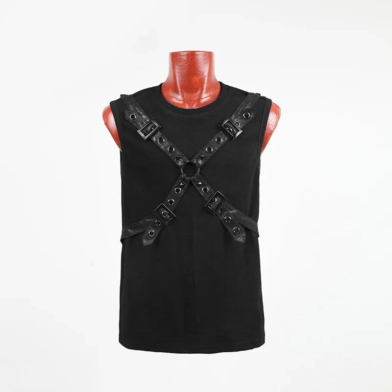 PUNK RAVE Gothic Black 100% Cotton Rib Summer Vest Fashion Chest Crossband Haulage Motor Men Cool