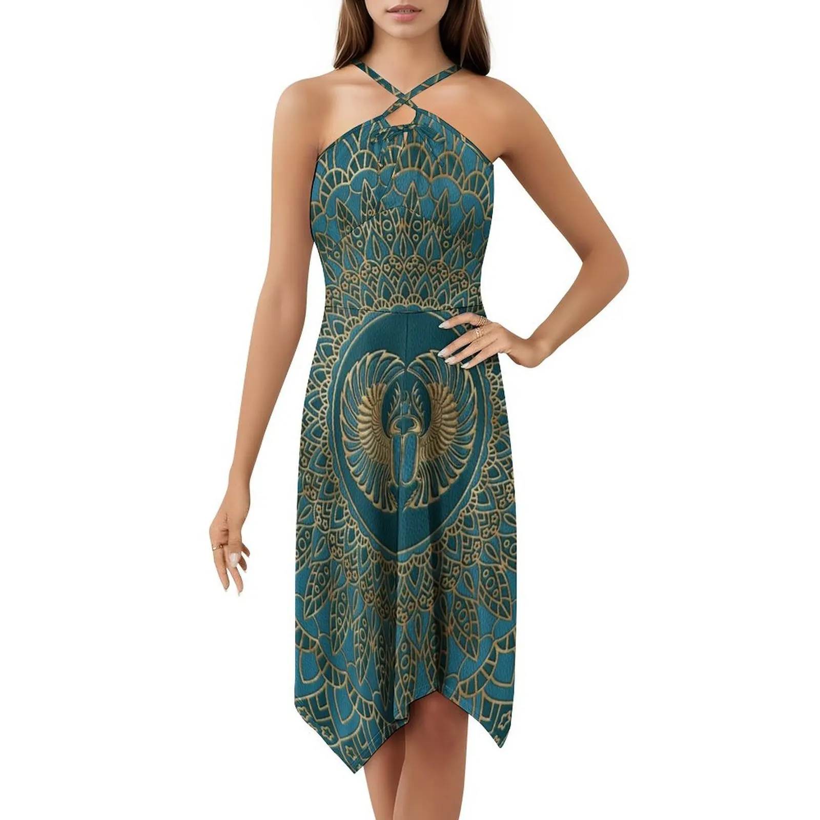 Scarabeo egiziano scarabeo oro su grembiule floreale in pelle verde acqua per donna abito casual primavera estate per festa amuleto scarabeo