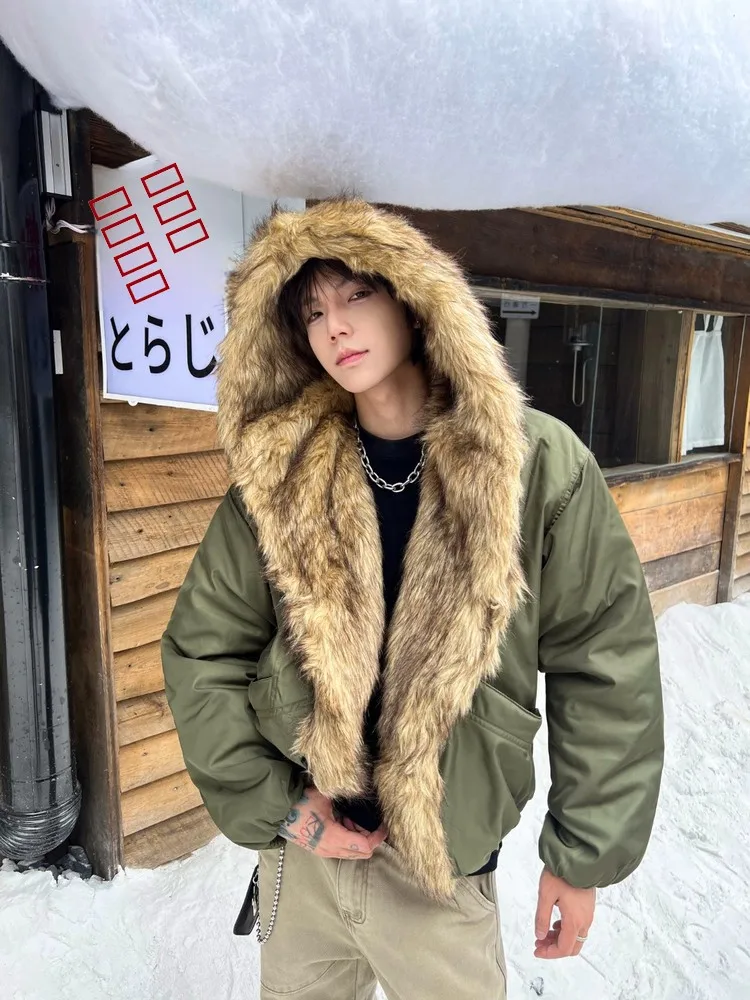 

American Sle Thiened Hooded Cotton Jaet Men's Winter High-End Feeling Warmth Large Fur Collar Workwear Parka Coat