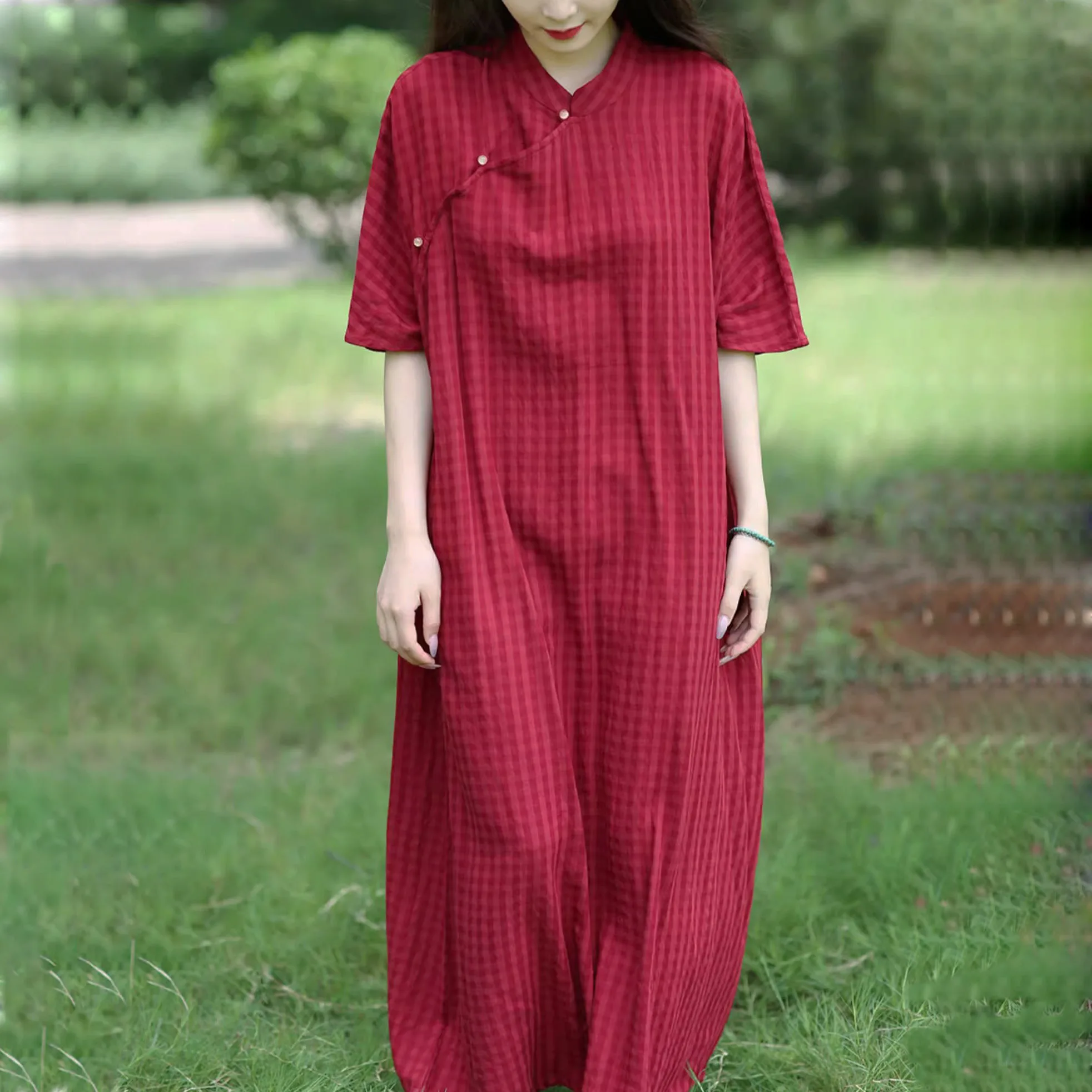 

Женское хлопковое клетчатое платье с короткими рукавами оригинального дизайна – богемная туника свободного кроя в стиле ретро в этническом стиле для отдыха Ao Dai Long Qipao