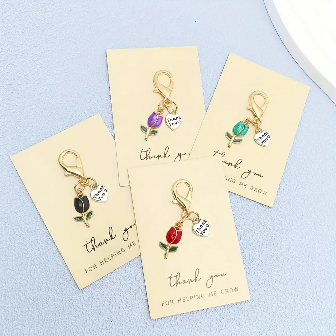 4 مجموعات من بطاقات الشكر مع سلسلة مفاتيح على شكل قلب توليب وفضي - "شكرًا لك على مساعدتي في النمو" - هدية مثالية شكرًا لك للعائلة
