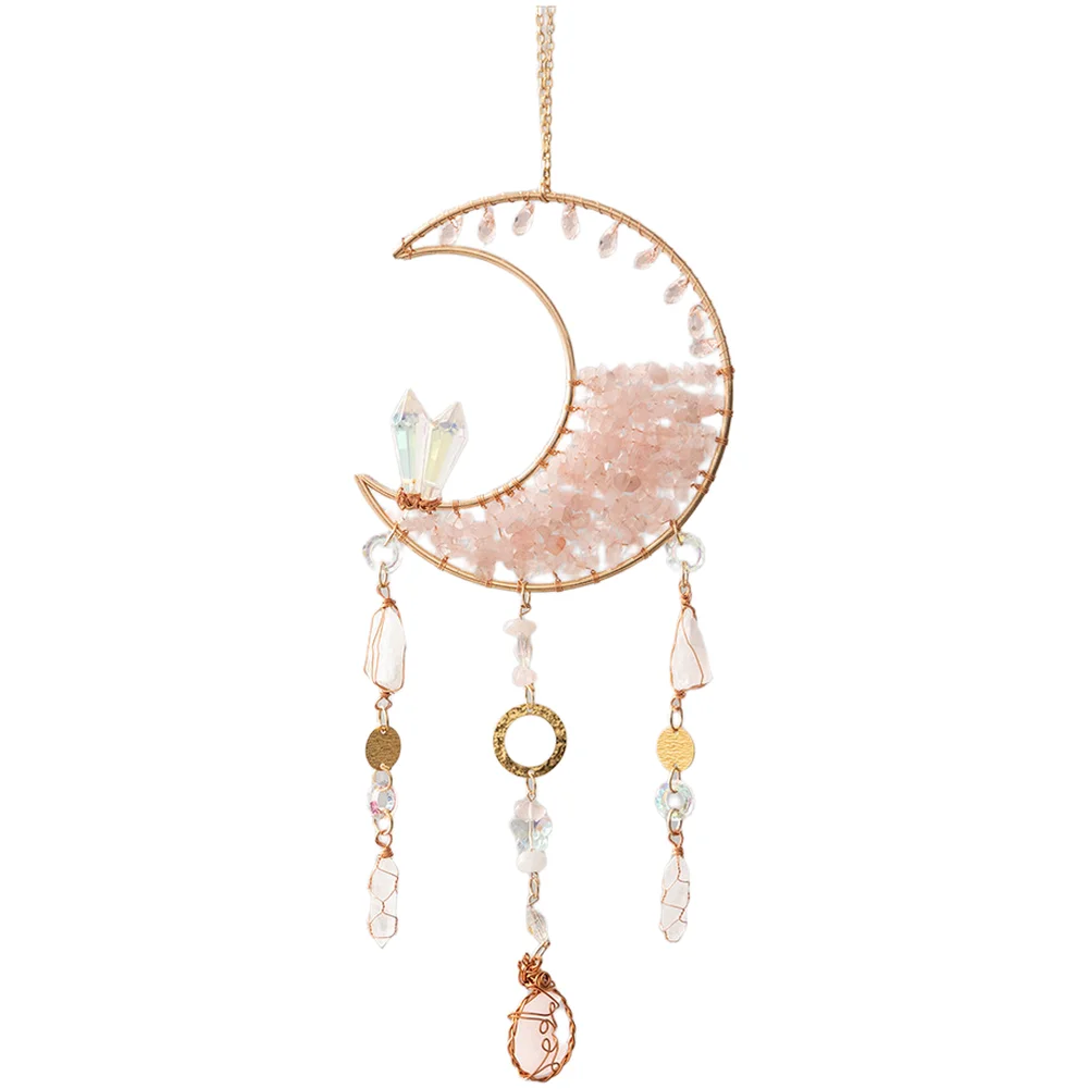 Indian Style Handmade Wind Chime Using Pink Natural Stones and Crystals Half Moon Shape for For dreamcatcher Associated Decor