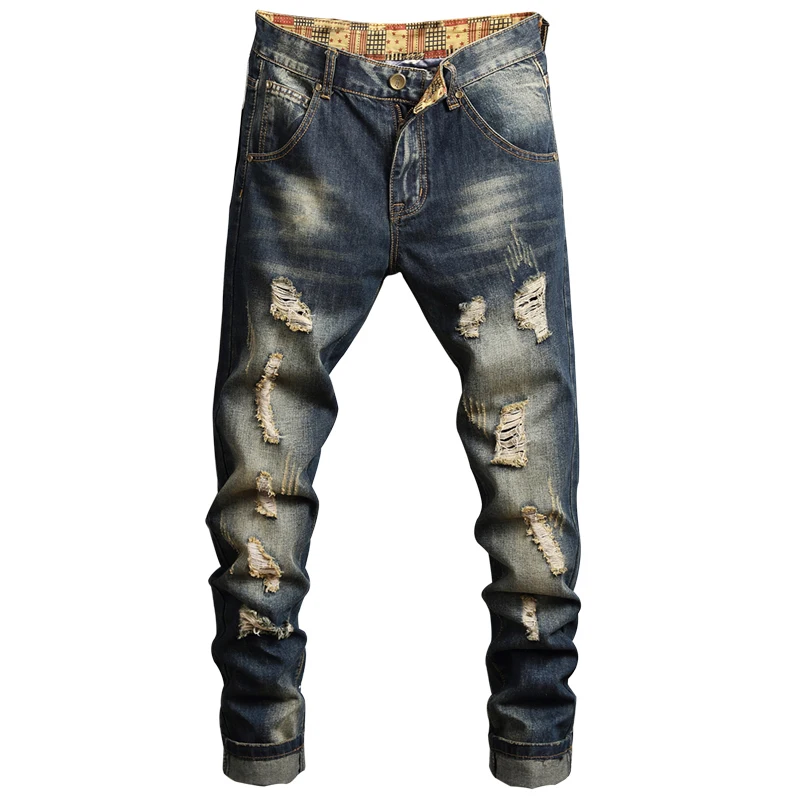 Vintage Men's Ripped Jeans American Streetwear Slim Trousers Hip-hop Trendy Rock Motorcycle Hole Denim Pants High Quality