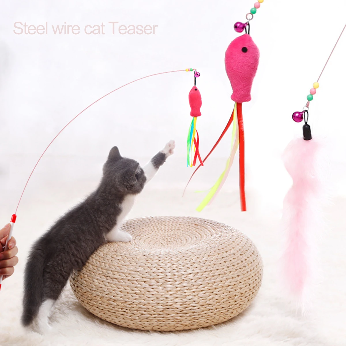 Vintage Interactive Cat Feather Toy Feather Teaser Stick Wand Pet Feather Bell Refill Replacement Catcher Product for Kitten