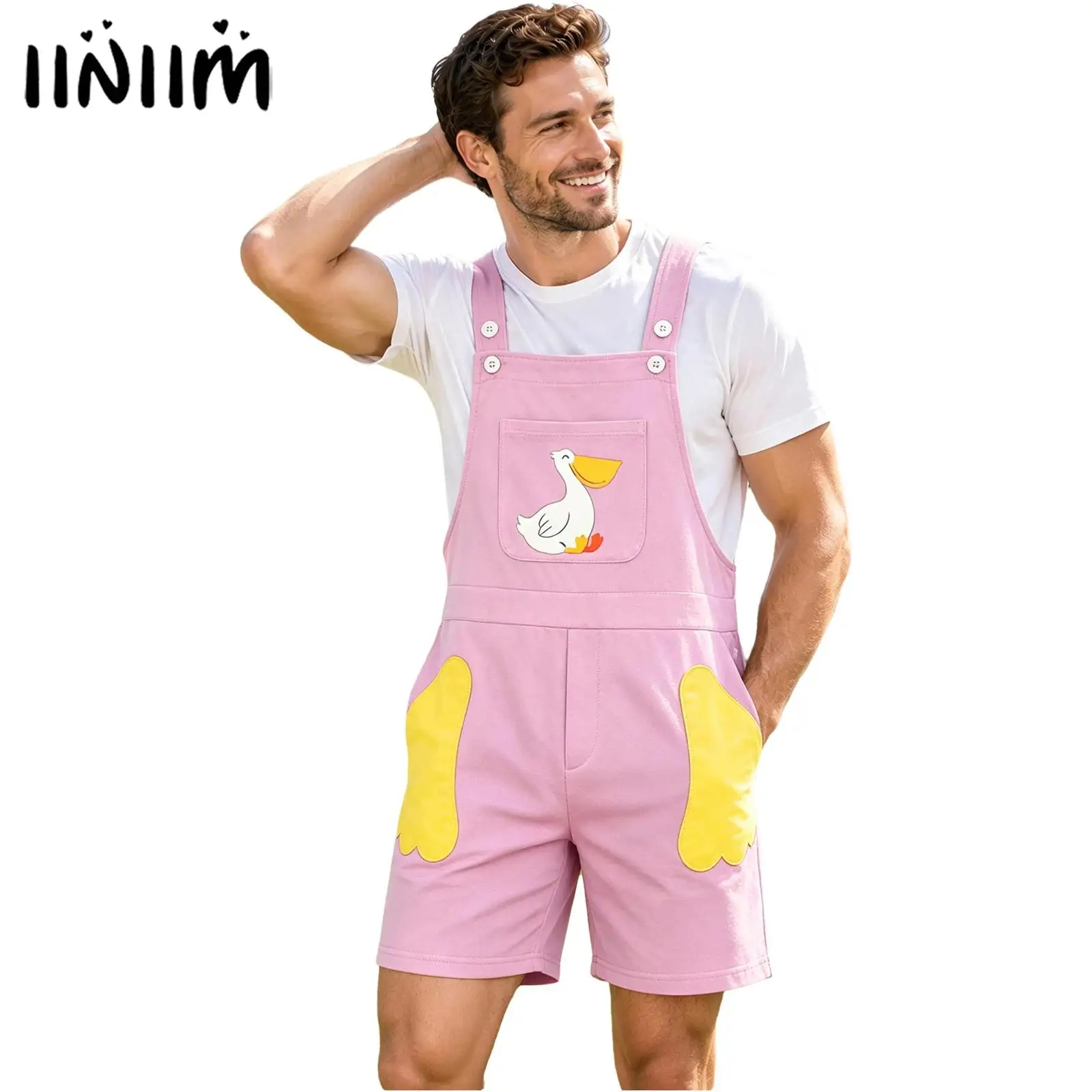Men Cute Bib Overall Shorts Adjustable Suspender Dungaree Shorts Cartoon Pelican Duck Print Loose Casual Streetwear Shorts