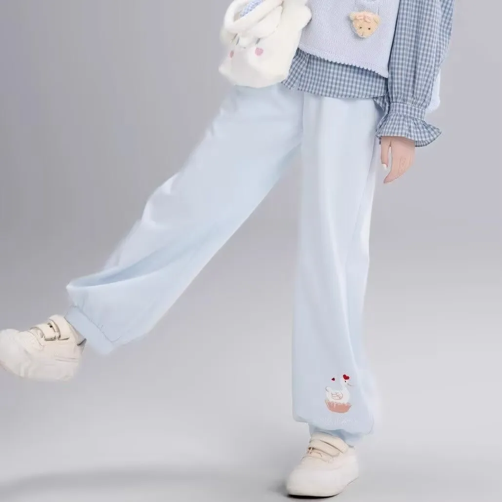 和菓子ロリータレディースハイウエストコーデュロイピンクパンツラブグース刺繍ワイドレッグパンツ Y2k ルーズかわいいかわいいズボン