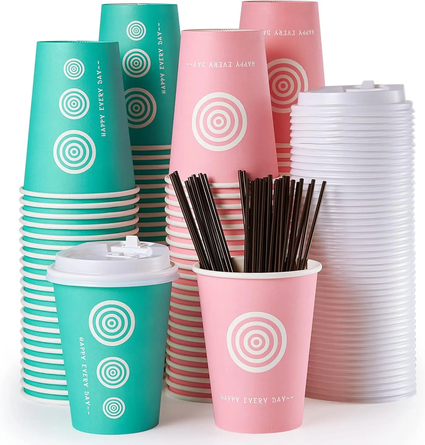 

12 oz 100 Pack Paper Coffee Cups with Lids and Stirrers in Pink and Green. Great for Coffee, Juice, Tea, Home Use, Store