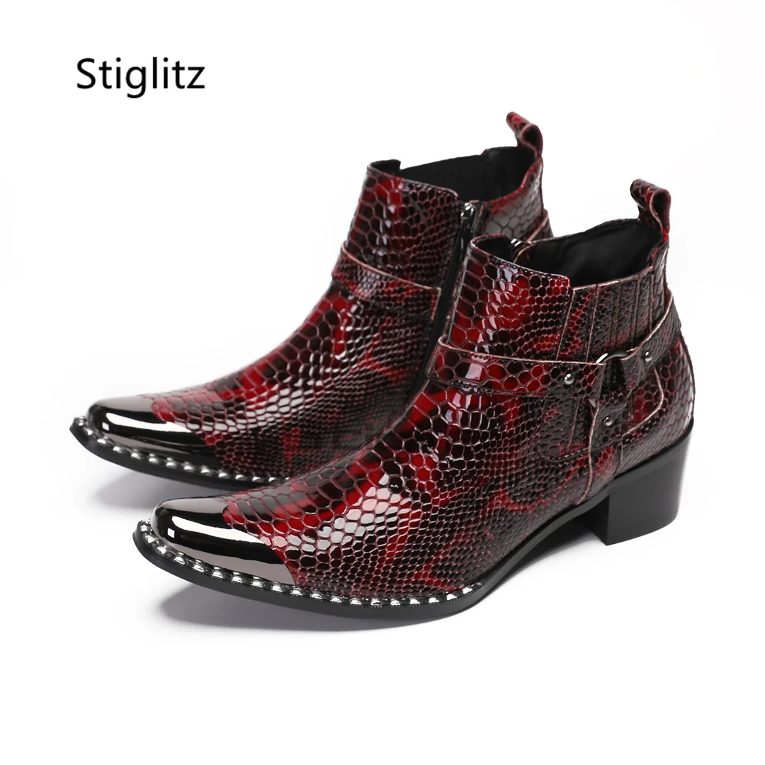 Snake Pattern High Heeled Men's Boots Red Black Mixed Colors Ring Buckle Ankle Chelsea Boots Metal Toe Side Zipper Wedding Shoes