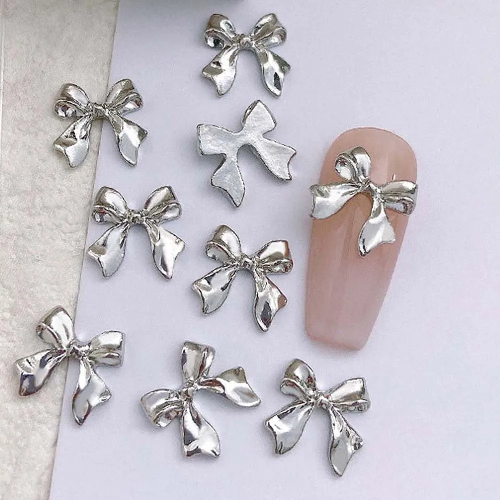 

20pcs Glossy Silver Ribbon Nail Art Charm 3D Metal Alloy Bows Silk Ribbon Nail Decoration DIY Retro Metallic Nail Accessories