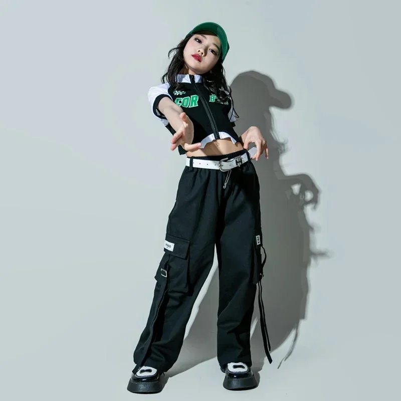 Hip Hop Girls T-shirt Street Dance Black Solid Cargo Pants Children Streetwear Crop Top Clothes Set Kids Sweet Jazz Costumes