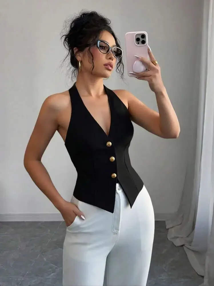 

European and American style neck hanging vest, summer sexy backless camisole, cardigan, women's clothing