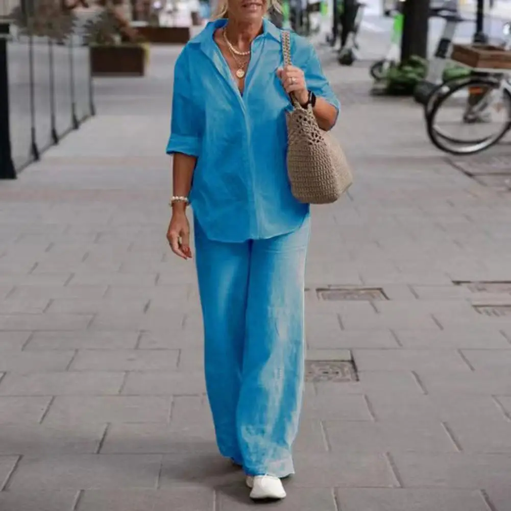1 Set Trendy Women Summer Suit Two-piece Set Plus Size Casual Outfit Linen Top Long Pants Women Summer Suit