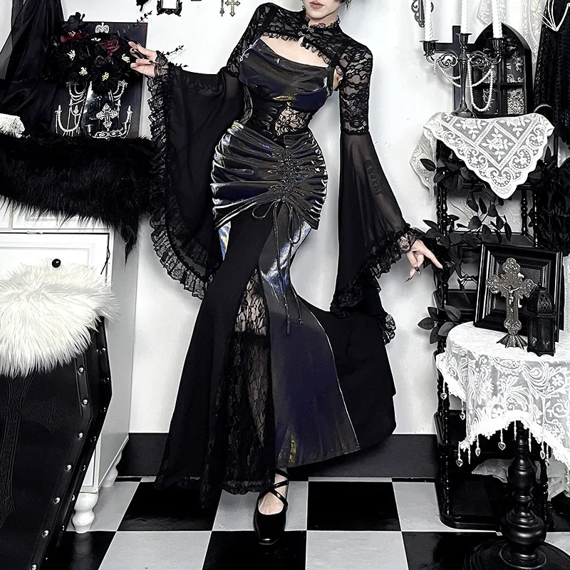 IMU Vintage Dark Gothic T Shirt Women's Flared Sleeve Lace Stand Collar Ultra Short Top Y2K Sexy Casual Party Shirt