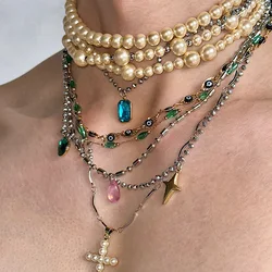 Multi-layer Irregular Pearl Crystal Cross Pendant Necklace,Two-piece Set Ethnic Style Choker Vintage Collar