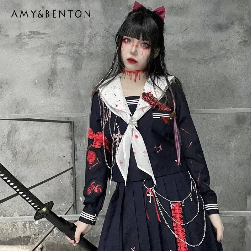 

2024 New Japanese Jk Uniform Halloween Element Cyan Long-Sleeved Pleated Skirt Sailor Suit Fashion Cool Spicy Set For Girl