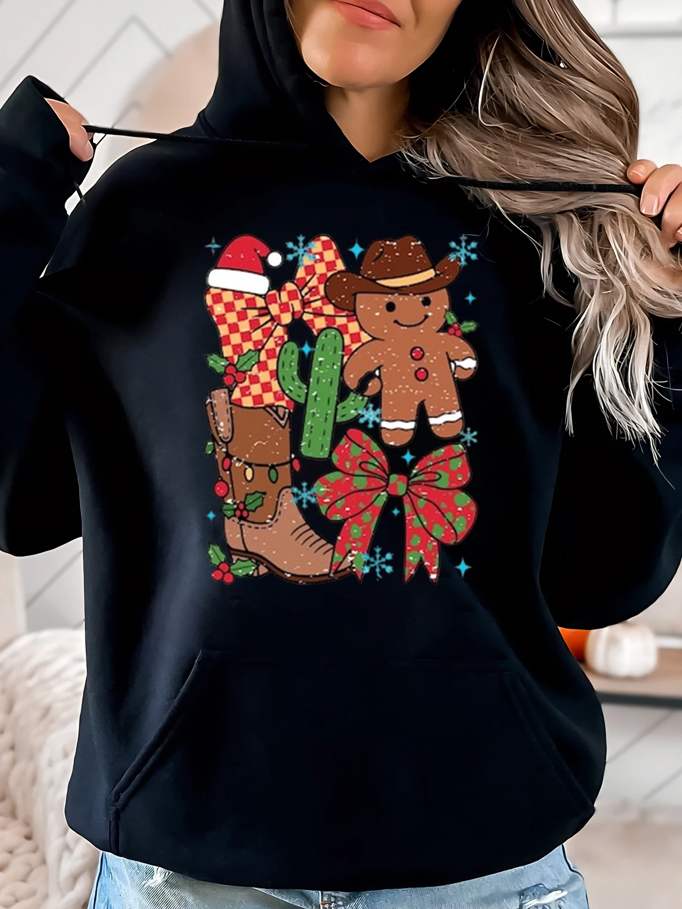 

Gingerbread Cowboy Cactus Christmas Hoodie Women Holiday Party Wear Black Plus-Size