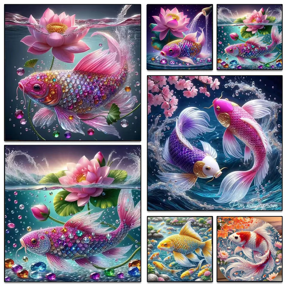 Amazing Carps Pond Lotus DIY Full Diamond Painting Sea ​​Wave Flower Fish Full Square Round Diamond Mosaic Cross Stitch Kits