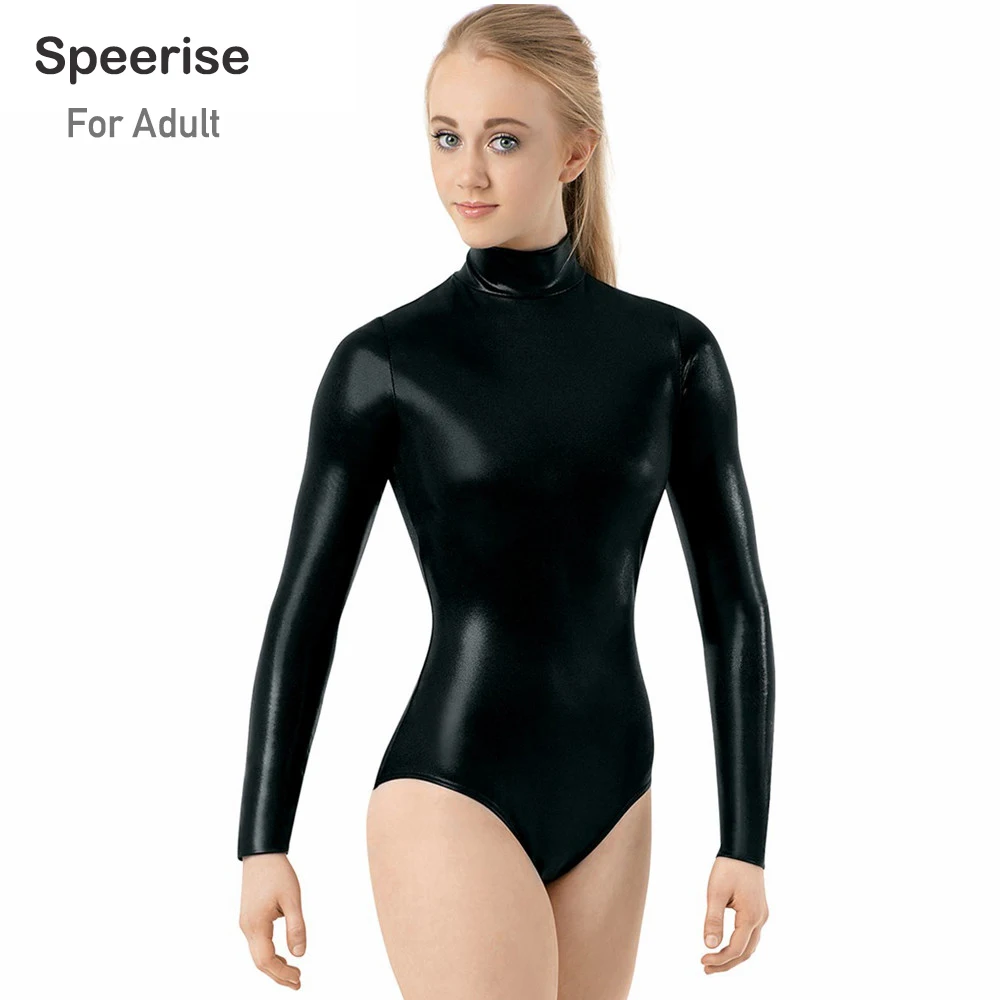 Speerise-ropa de baile metálica brillante plateada para mujer, leotardo de gimnasia artística con cuello alto, trajes de baile de Ballet, leotardos de manga larga