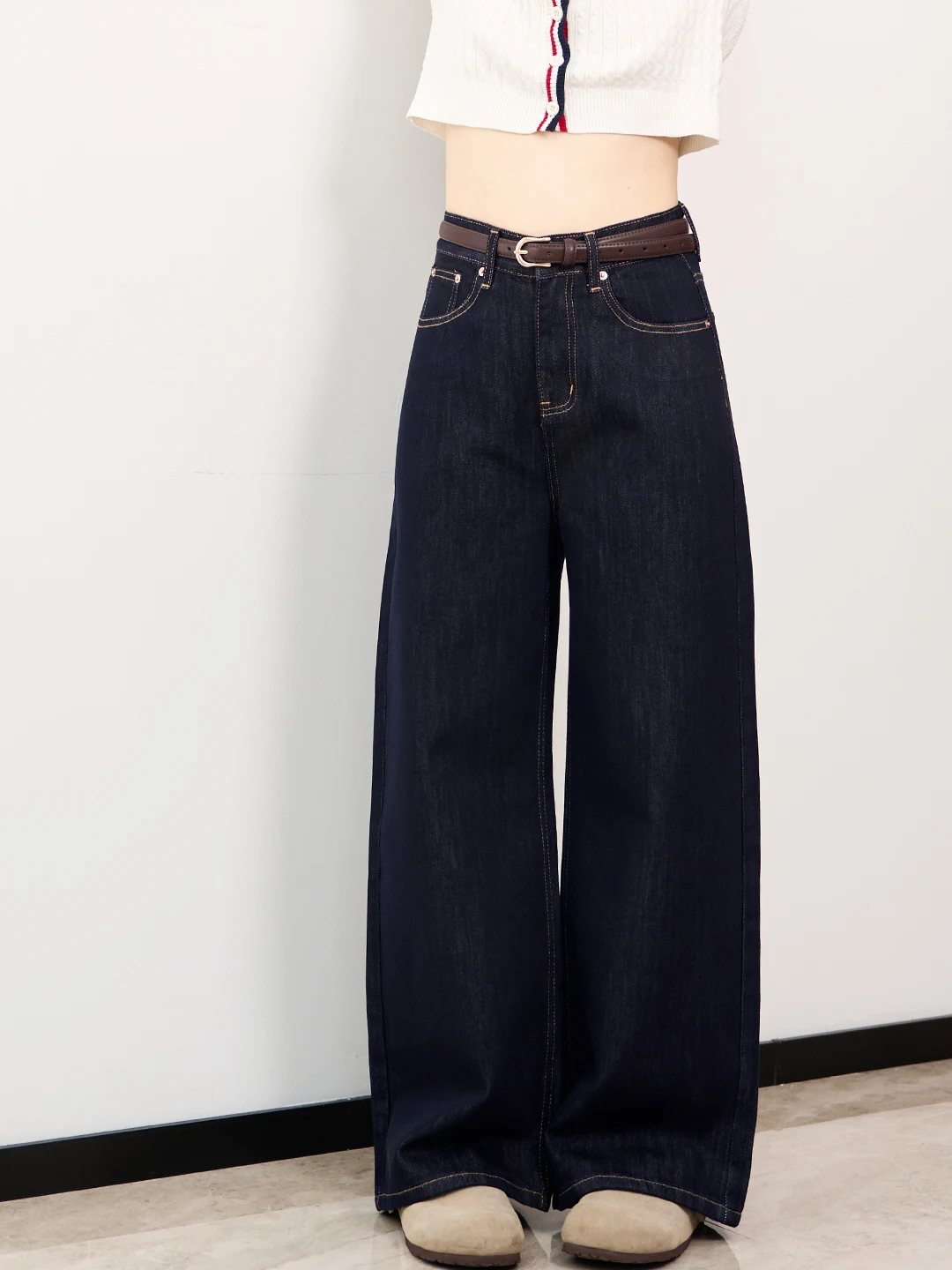 

Deep Blue Wide Leg Denim Jeans Women's Loose Fit High Waist Casual Sle Floor Length Drapey Pants Spring Autumn New Arrival