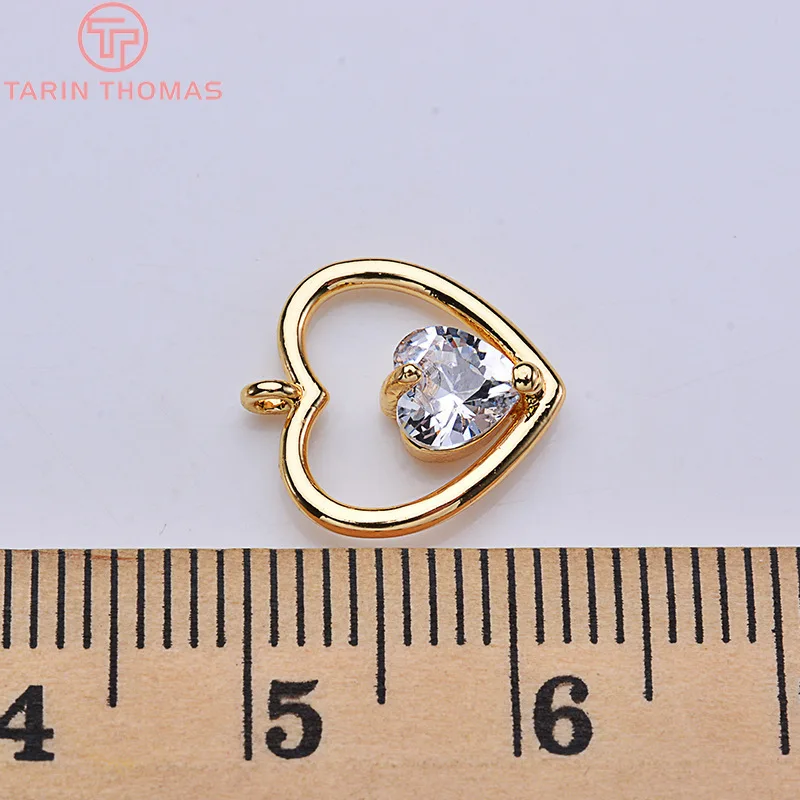 (1881)6PCS 12x11MM 24K Gold Color Plated Brass with Zircon Heart Pendants Charms High Quality DIY Jewelry Making Findings
