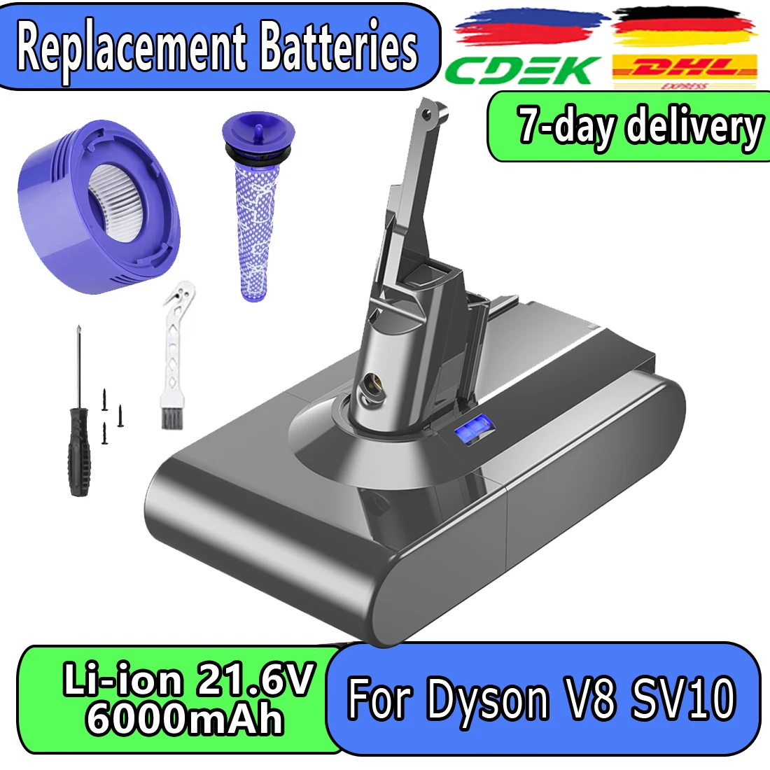 

21.6V 6000mAh Replacement Battery for Dyson Battery SV10 V8 Animal Cordless Fluffy Motorhead Stick Handhold Vacuum Cleaner