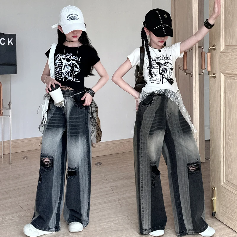 

teen girls Tie dye ripped jeans Irregular patchwork lace T-shirt hole Denim pants junior kid clothes child trousers lass outfits