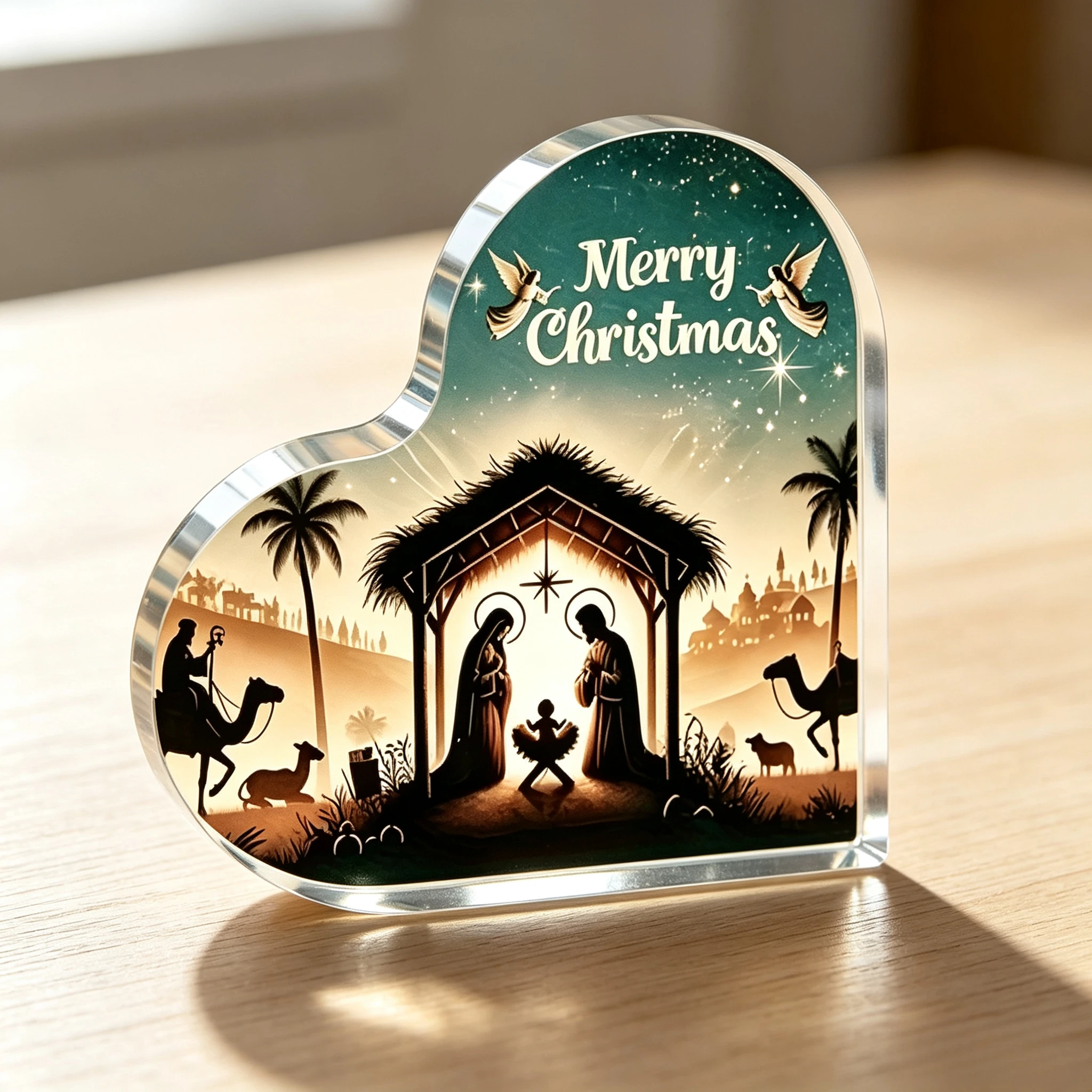 Merry Christmas Nativity Scene Heart‑Shaped Acrylic Plaque, Holy Family Silhouette Table Decor,Christian Faith Xmas Heart Acrylic Keepsake Plaque, Stable Manger Tabletop Decoration