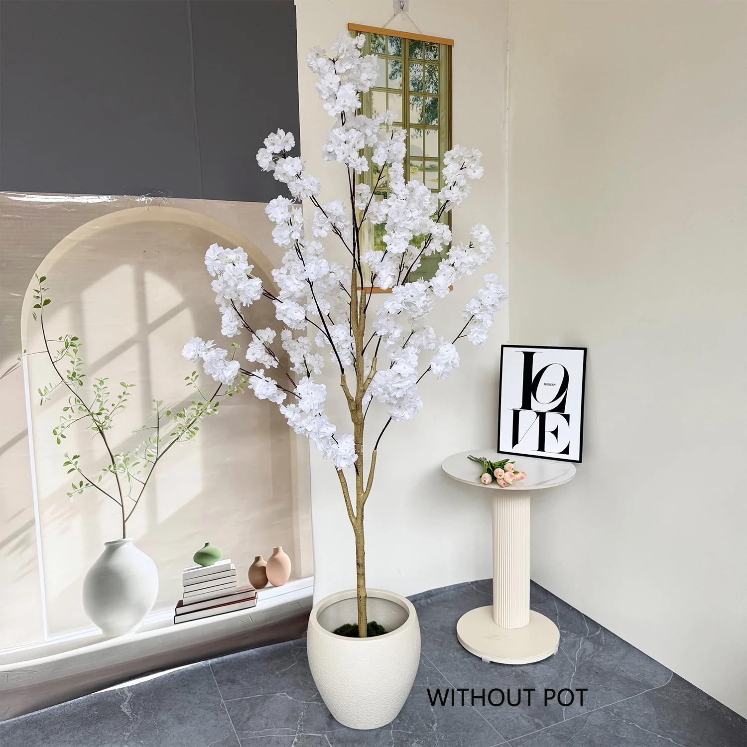 100-220cm Artificial White cherry Tree plant Branches Realistic Fake Silk leaves indoor decoration Faux Plant for Home Wedding