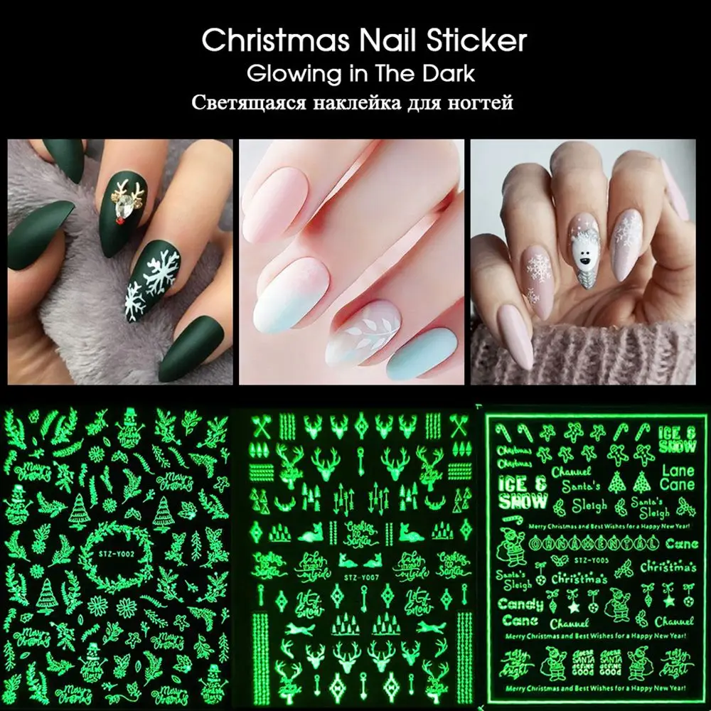 1pcs White Snowflakes Christmas Nail Sticker 3D Luminous Glowing in Dark Nail Art Slider Adhesive Decals Foil Manicure Decor