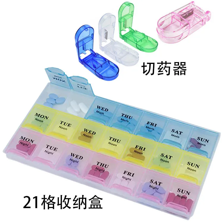 21 Grid Pill Cases with A Medicine Cutter English Portable Household Health Box Storage Box Jewelry Box