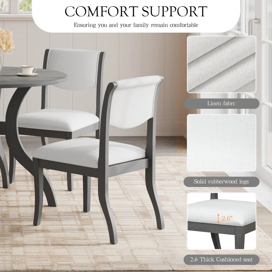 Oak Gray Finish Upholstered Dining Chairs Set of 2 - Traditional Elegant Fabric Side Chairs with Curved Lines, Solid Hardwood F