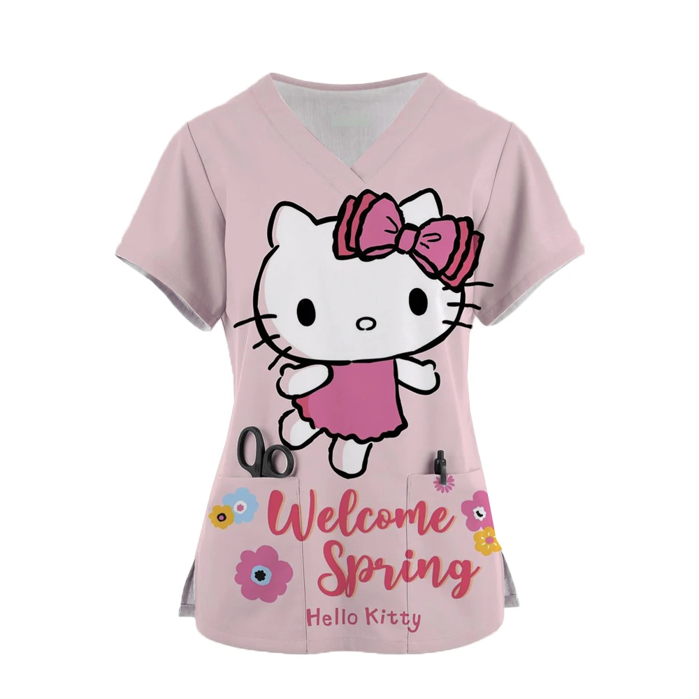 Sommer Cartoon T-Shirts Tasche Tops Uniform Hallo Kitty V-Ausschnitt Frau Kleidung Shirt Krankenhaus T-Shirt Top Frauen 2024 T-Shirts Frauen