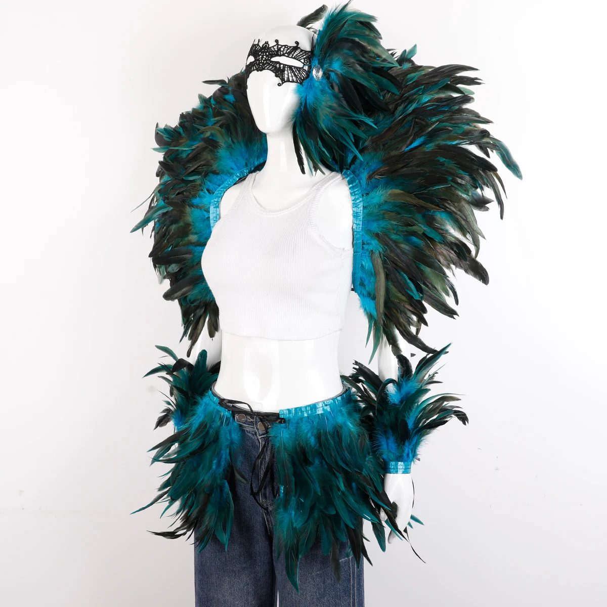 Carnival Feather Skirt Shawl Mask Cuffs Four-Piece Halloween Costume Party Stage Performance Props and Accessories