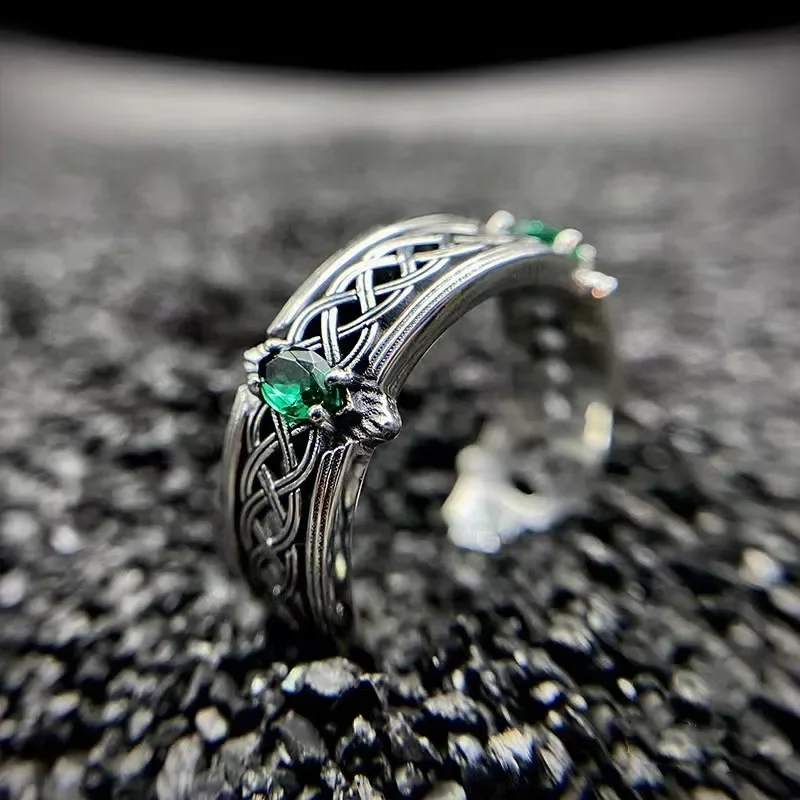 Fashion Green Gemstone Irish Celtic Knot Open Adjustable Ring Vintage Lucky Jewelry for Men Women