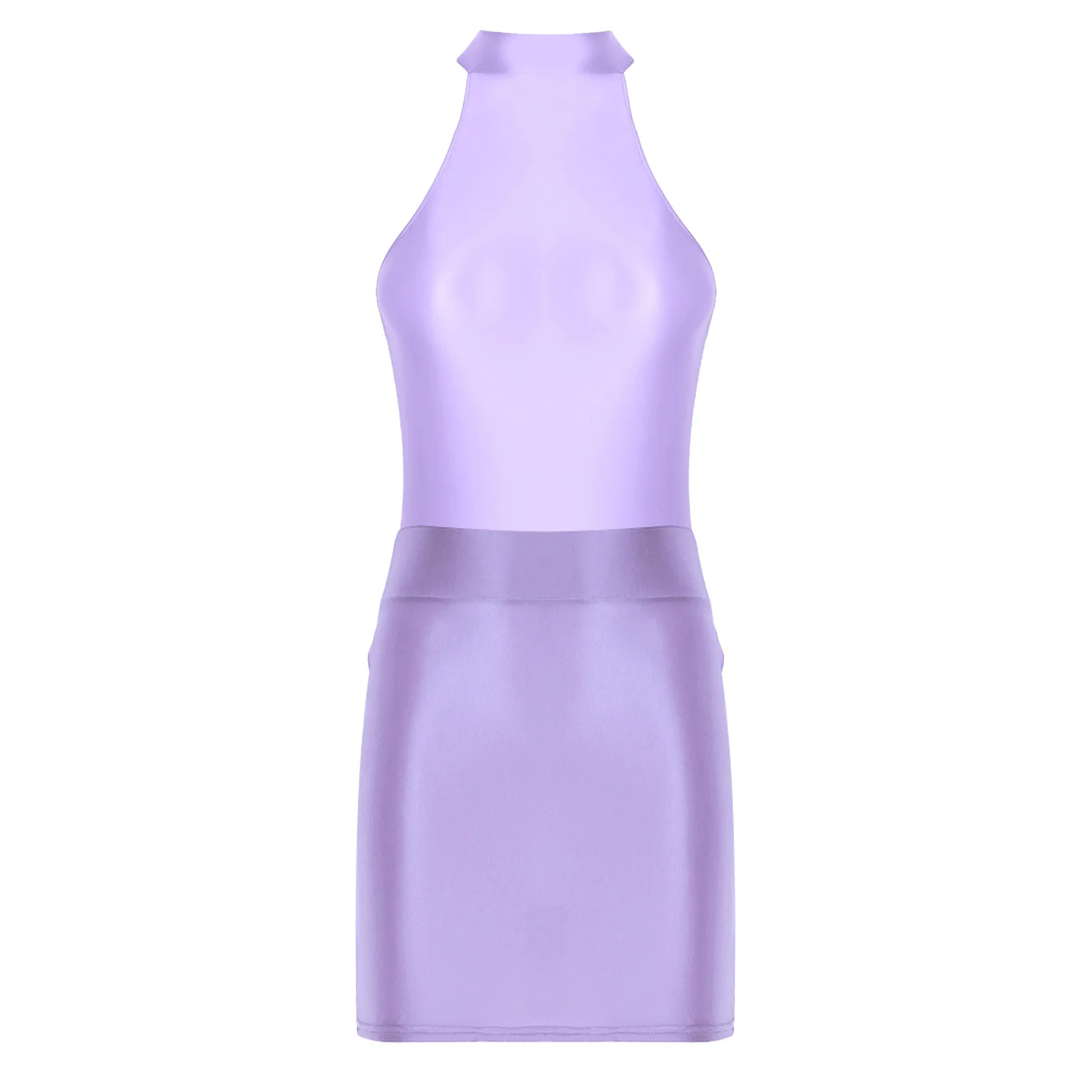 Women Glossy Outfits Swimwear Sleeveless Back Zipper Bodysuit Leotard with Elastic SkirtS for Club Dance Raves Party Nightwear