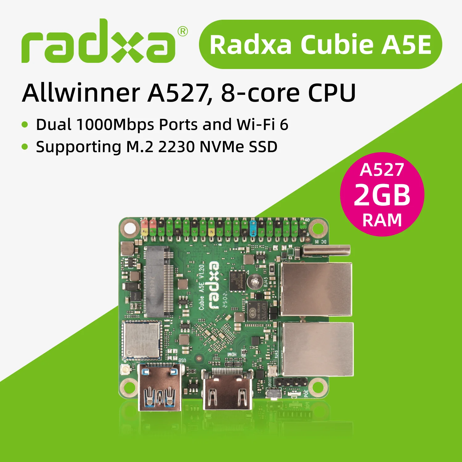 Radxa Cubie A5E, 8-core CPU, dubbele Gigabit Ethernet-poorten, ondersteuning voor M.2 2230 NVMe SSD