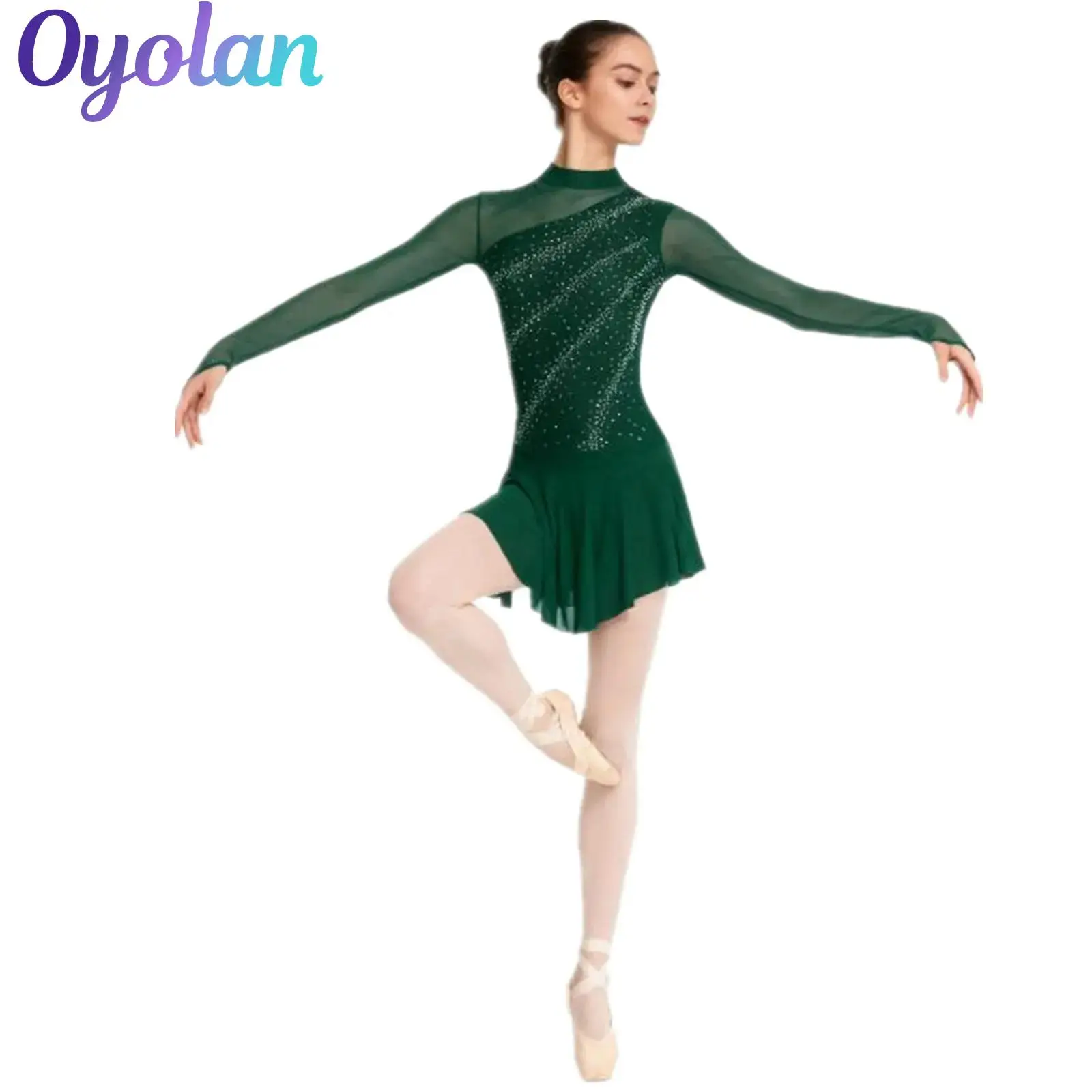 

Womens Gymnastics Figure Skating Ballet Dance Costume Glitter Rhinestone Long Sleeve Lyrical Contemporary Dance Leotard Dress