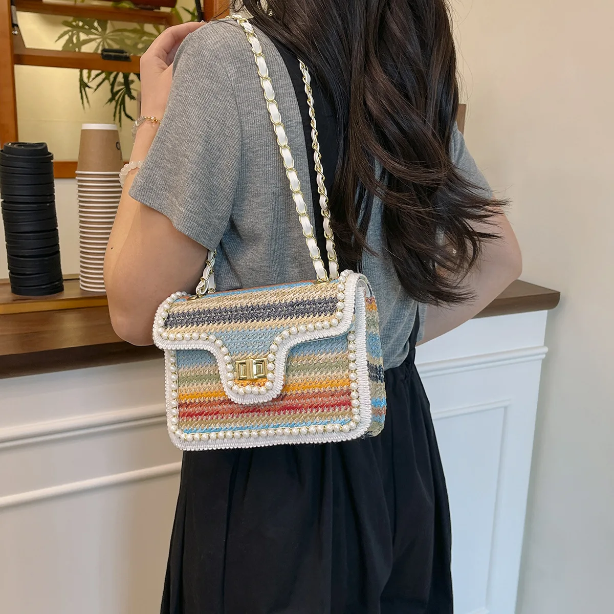 القش المنسوجة حقيبة أزياء شعبية مشبك سلسلة حقيبة عطلة الشاطئ المنسوجة لؤلؤة حقيبة الكتف Crossbody #3